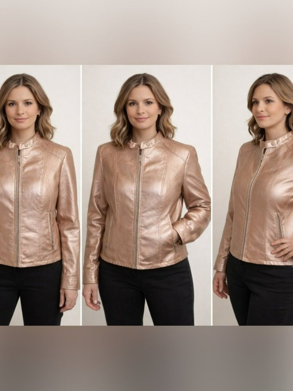Baccini Metallic Rose Gold Faux Leather Zip Jacket Pockets Moto Size XL